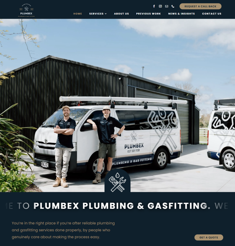 Plumbex website homepage featuring commercial photography of the team and branded vehicles at their Hamilton premises